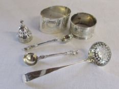 Assorted silver inc napkin rings, salt spoons, small sugar sifter & pepper pot lid total weight 2.