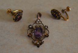 9ct gold amethyst and pearl pendant and a pair of gold filled earrings