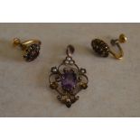 9ct gold amethyst and pearl pendant and a pair of gold filled earrings
