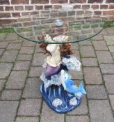 Glass coffee table with mermaid and dolphin