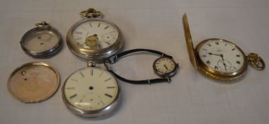 Various hallmarked silver watch cases and a gold plated full hunter pocket watch for parts