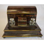 Ornate brass trimmed combined desk tidy and ink stand on ball feet, with 2 ink wells,