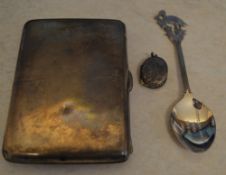 Silver cigarette case, silver Christening spoon and a small keepsake pendant marked 'silver',