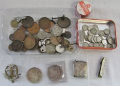 Assorted coins, Regimental badge,