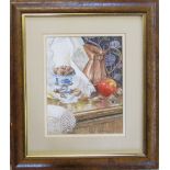 Watercolour 'Copper jug with apple and nuts' by King's Lynn artist Kay Bolton 46 cm x 52 cm