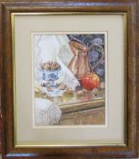 Watercolour 'Copper jug with apple and nuts' by King's Lynn artist Kay Bolton 46 cm x 52 cm