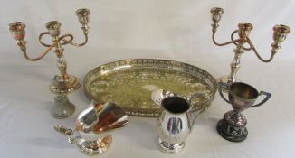 Various silver plate inc candelabras and a tray