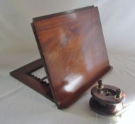 Wooden adjustable book rest/stand & a Nottingham fishing reel