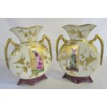 Pair of gilded & hand decorated late 19th/early 20th century handled vases in the aesthetic style