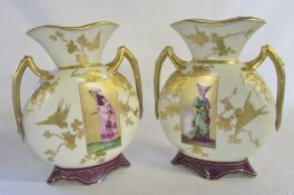 Pair of gilded & hand decorated late 19th/early 20th century handled vases in the aesthetic style