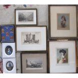 Assorted prints inc 2 reproduction miniature portraits and 2 prints of 18th century ladies