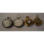 2 silver pocket watches and 2 gold plated pocket watches for spares/repairs