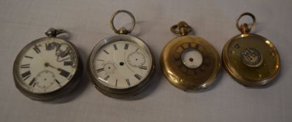 2 silver pocket watches and 2 gold plated pocket watches for spares/repairs