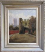 Oil on canvas of Pottergate Arch, Lincoln by A E White dated 97 47.