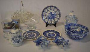 Blue & white ceramics including Ringtons, glass basket,