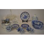 Blue & white ceramics including Ringtons, glass basket,