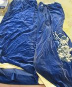Pair of blue velvet fully lined blue curtains (drop approx 195 cm) with tie backs