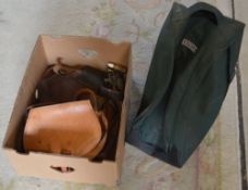 Shooting bags, bandolier belt, gun cleaning accessories and a pair Aigle lined boots size 44.