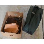 Shooting bags, bandolier belt, gun cleaning accessories and a pair Aigle lined boots size 44.