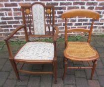 Edwardian inlaid arm chair and a cane seated chair