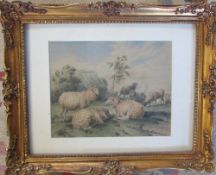 Victorian watercolour and charcoal painting of a flock of sheep dated 1848 41 cm x 34 cm