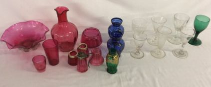 Various cranberry glass including a Victorian flared wavy rim bowl,