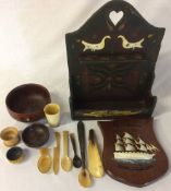 Painted wooden spoon rack, horn utensils,