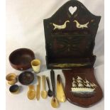 Painted wooden spoon rack, horn utensils,