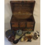 Small domed top chest containing a ceramic carpet bowl, onyx ashtray & terrier, gilded pot,