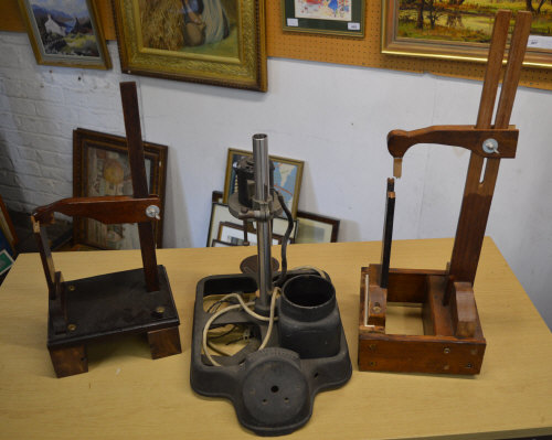 National Electric Watch Cleaner and two improvised wooden adjustable stands / clamps