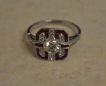 18ct gold diamond and ruby Art Deco ring size O