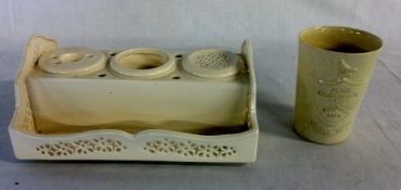 Creamware inkwell set with impressed Leedsware mark & a 'Peace celebration souvenir 1919' beaker