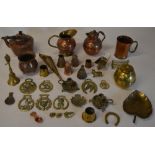 Quantity of brass and copper including horse brasses, copper jug,