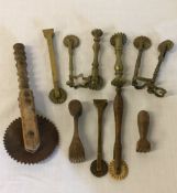 11 19th century brass & wooden pastry crimpers & jiggers