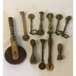 11 19th century brass & wooden pastry crimpers & jiggers