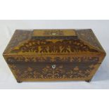 Early 19th century sarcophagus shaped inlaid tea caddy converted to a jewellery box