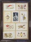 Framed selection of silk postcards 39 cm x 52.