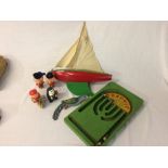 Pond yacht, 2 Noddy style egg cups, 2 clockwork toys,