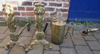 Large pair of brass fire dogs H 44 cm & Howes and Burley C & M 1918 Birmingham blow torch