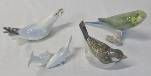 Selection of Royal Copenhagen & Bing and Grondahl bird and fish figures inc Budgie and seagull