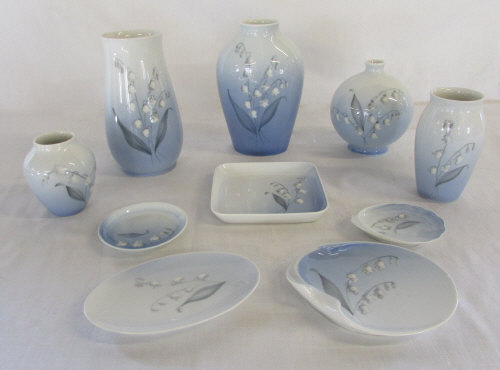 Selection of Bing & Grondahl lily of the valley porcelain ceramics inc vases and pin dishes