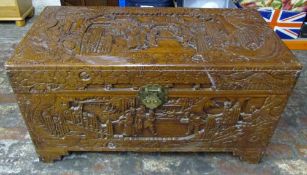 Carved Oriental camphor wood chest L 88 cm H 48 cm