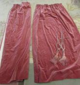Pair of pink velvet fully lined curtains (drop approx 141 cm) with tie backs
