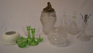 Glassware including hanging lightshade, 2 decanters,