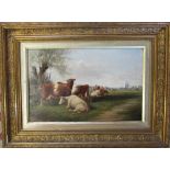 Oil on board of cattle by J T Burgess dated 1896 60 cm x 45 cm
