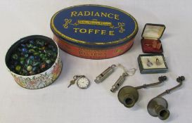 Acme boy scouts and EMCA city whistles, marbles, pocket fob watch,