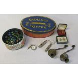 Acme boy scouts and EMCA city whistles, marbles, pocket fob watch,