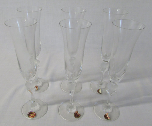 6 Gorham crystal champagne flutes with heart design