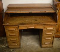 Early 20th tambour oak front desk with brass plaque 'Presented to Rev.