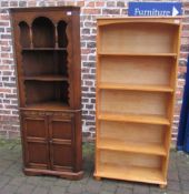Oak corner cupboard & a pine bookcase